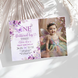 Invitación Elegante mariposa morada 1er cumpleaños foto Fiest