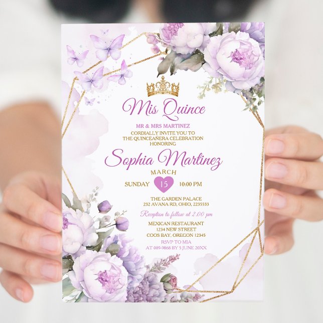 Invitación Elegante mariposa morada Lilac y Quiñceanera dorad (Subido por el creador)