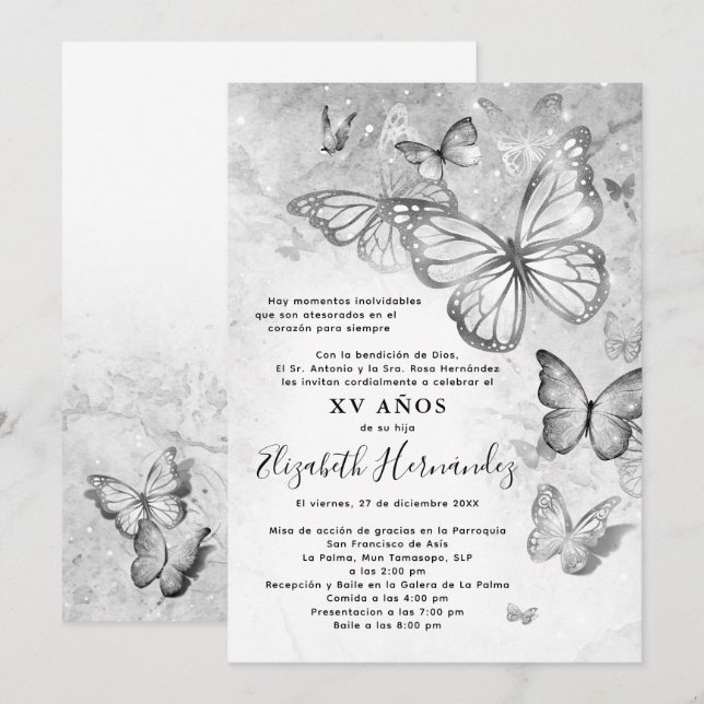 Invitación Elegante Mariposa Plata Española Quinceanera (Anverso / Reverso)