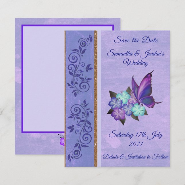 Invitación Elegante Mariposa Púrpura E Hibiscus Salven La Fec (Anverso / Reverso)