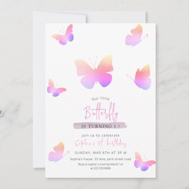 Invitación Elegante mariposa rosa 1er cumpleaños (Anverso)