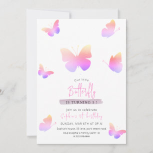 Invitación Elegante mariposa rosa 1er cumpleaños