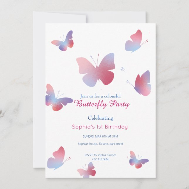 Invitación Elegante mariposa rosa azul primer cumpleaños (Anverso)
