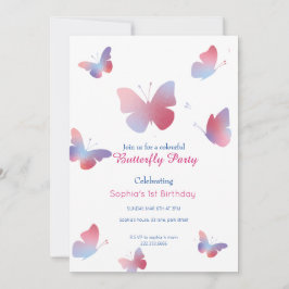Invitación Elegante mariposa rosa azul primer cumpleaños