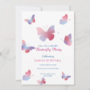Invitación Elegante mariposa rosa azul primer cumpleaños