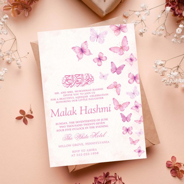 Invitación Elegante mariposa rosada niña bebé islámica Aqeeqa (Subido por el creador)