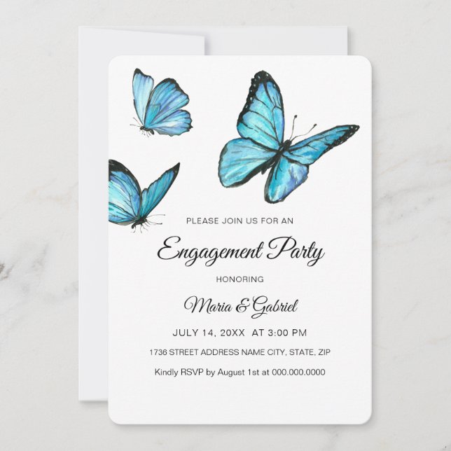 Invitación Elegante mariposas color azul acuático Compromiso (Anverso)