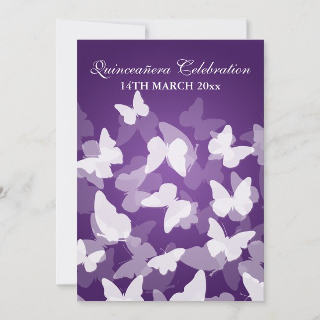 Invitación Elegante mariposas Fiesta Quinceañera moradas (Anverso)