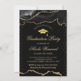 Invitación Elegante mármol de ágata negro y dorado para gradu