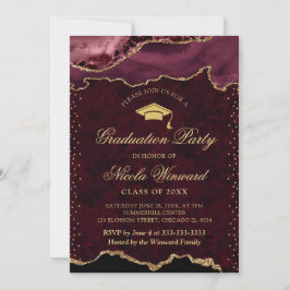 Invitación Elegante Mármol de Ágata Rojo y Dorado para Gradua