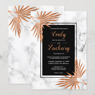 Invitación Elegante Mármol de Cobre Negro Blanco Boda Tropica