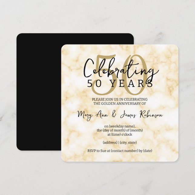 Invitación Elegante Mármol de Oro del 50° Aniversario del Bod (Anverso / Reverso)