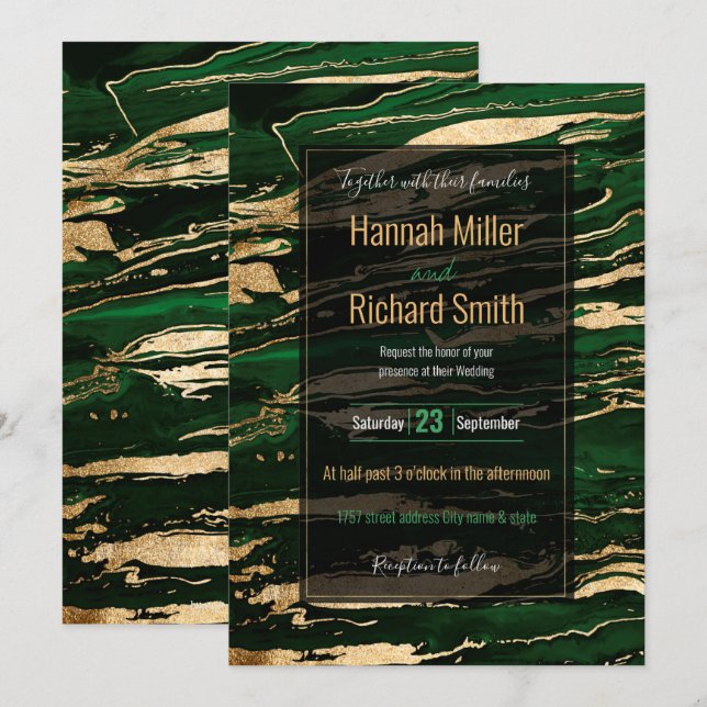 Invitación Elegante Mármol de oro verde abstracto (Anverso / Reverso)