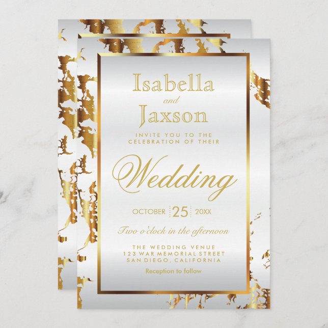 Invitación Elegante Mármol dorado y satén blanco (Anverso / Reverso)