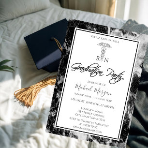 Invitación Elegante Mármol Negro, fiesta de graduación de enf