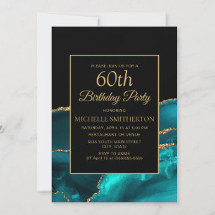 Invitación Elegante Mármol Negro Verde Azulado Dorado 60