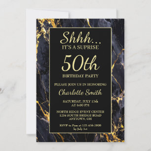 Invitación Elegante Mármol Negro y Oro 50 cumpleaños