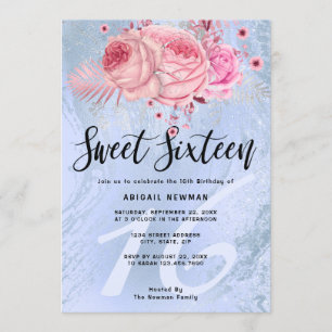 Invitación Elegante mármol purpurina azul floral dulce diecis