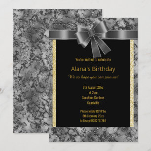INVITACIÓN ELEGANTE MÁRMOL PURPURINA ORO NEGRO BOLSA