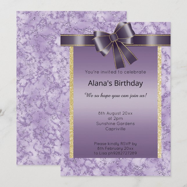 INVITACIÓN ELEGANTE MÁRMOL PURPURINA ORO PURPLE BOW (Anverso / Reverso)