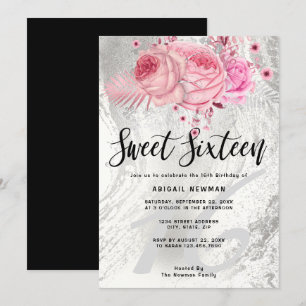 Invitación Elegante mármol purpurina plateado floral dulce di