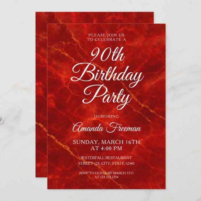 Invitación Elegante Mármol Rojo 90 cumpleaños (Anverso / Reverso)
