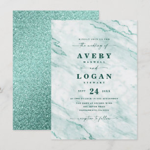 Invitación Elegante mármol verde esmeralda y Boda Purpurina