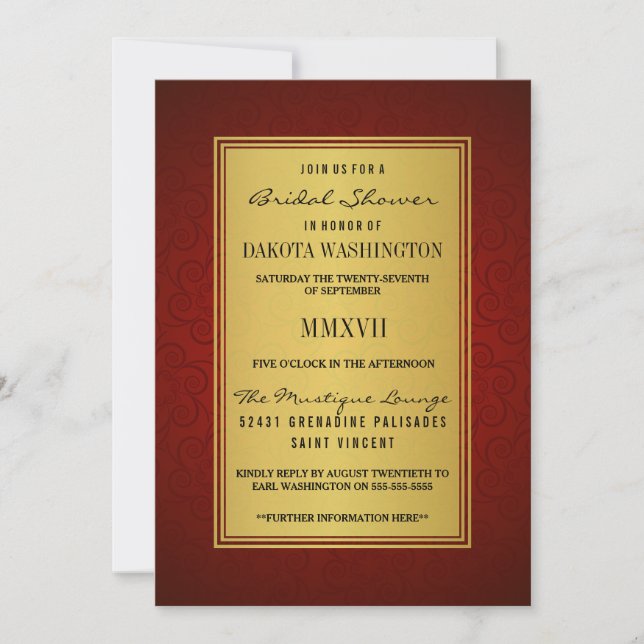 Invitación Elegante Maroon Bridal Shower & Faux Gold Overlay (Anverso)