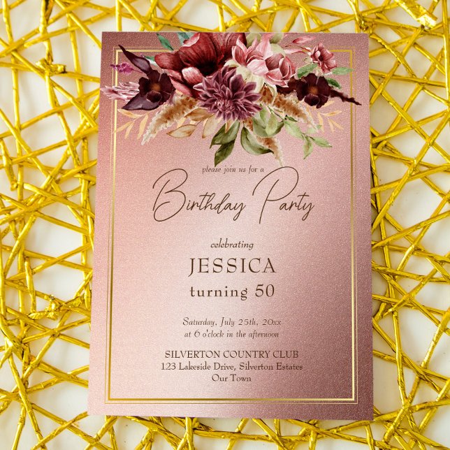 Invitación Elegante maroon de terracota flor cumpleaños (Subido por el creador)