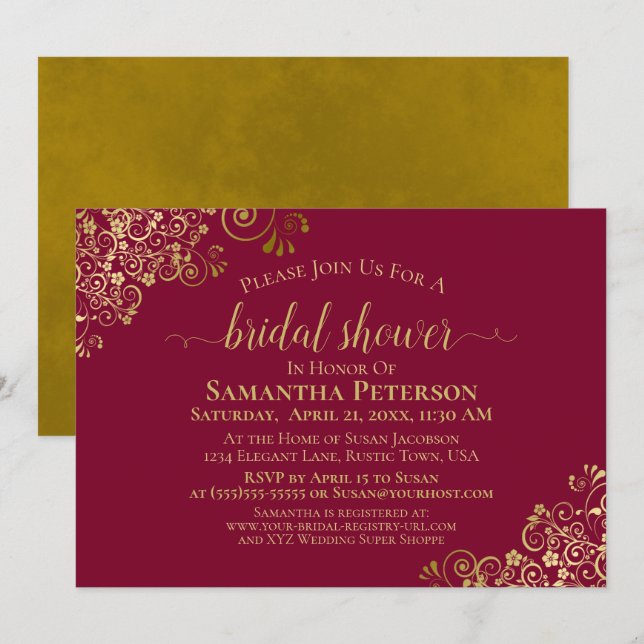 Invitación Elegante Maroon & Gold Lace Frills Bridal Shower (Anverso / Reverso)