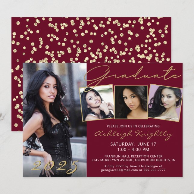 Invitación Elegante Maroon Gold Script 4 Photo Graduate (Anverso / Reverso)