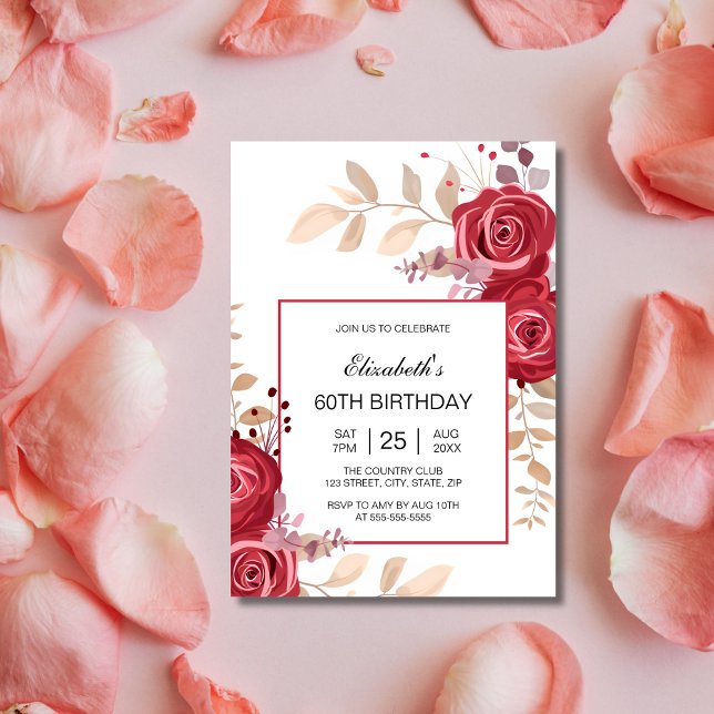 Invitación Elegante Maroon Rosa Floral Verdor Cumpleaños (Subido por el creador)