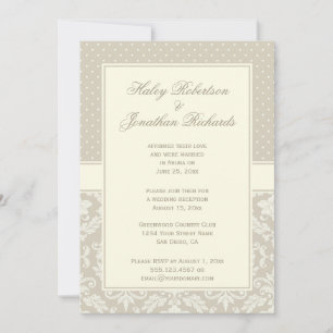 Invitación Elegante Marrón Claro Marfil Damask Lunares Recepc