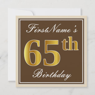 Invitación Elegante, Marrón, Dorado Falso Cumpleaños 65 + Nom