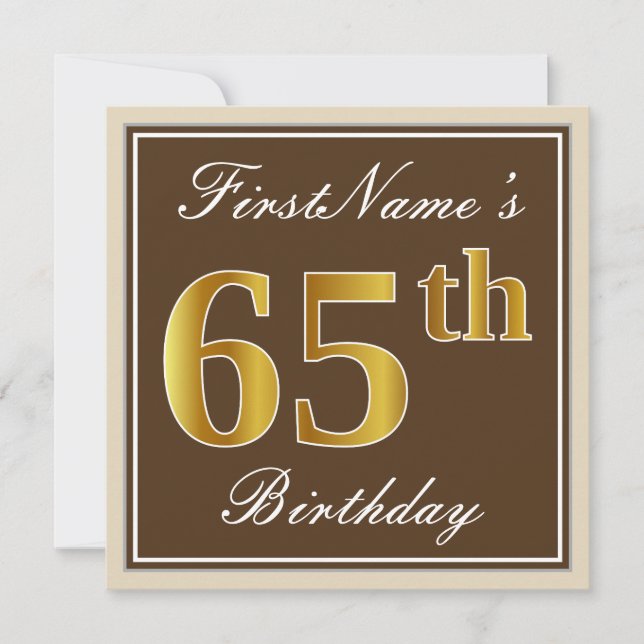 Invitación Elegante, Marrón, Dorado Falso Cumpleaños 65 + Nom (Anverso)