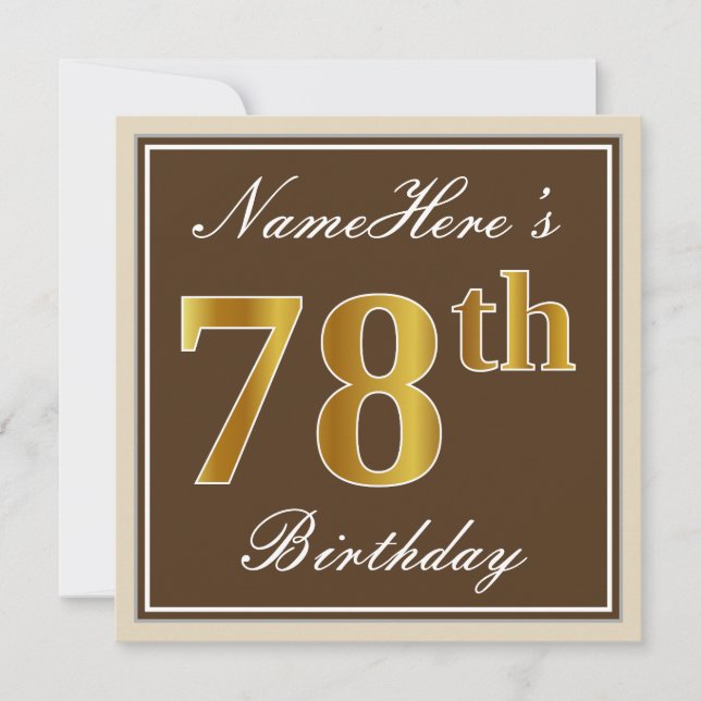 Invitación Elegante, Marrón, Dorado Falso Cumpleaños 78 + Nom (Anverso)