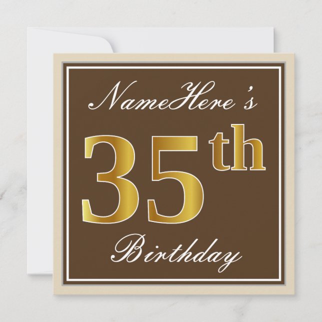 Invitación Elegante, marrón, falso dorado Cumpleaños 35 + Nom (Anverso)