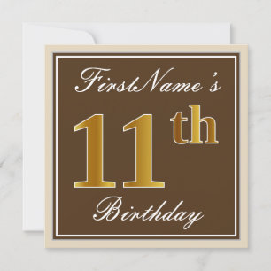 Invitación Elegante, marrón, falso oro 11 cumpleaños + nombre