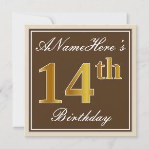Invitación Elegante, marrón, falso oro 14 cumpleaños + nombre