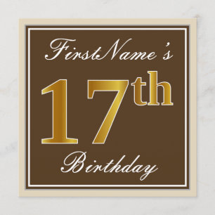 Invitación Elegante, marrón, falso oro 17 cumpleaños + nombre