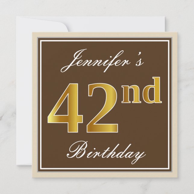 Invitación Elegante, marrón, falso oro 42 cumpleaños + nombre (Anverso)