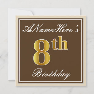 Invitación Elegante, marrón, falso oro 8 cumpleaños + nombre