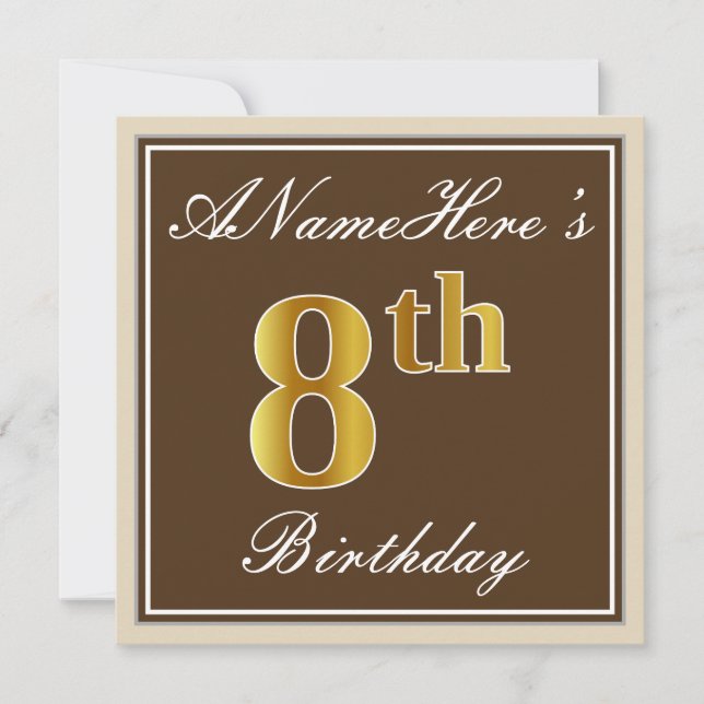 Invitación Elegante, marrón, falso oro 8 cumpleaños + nombre (Anverso)
