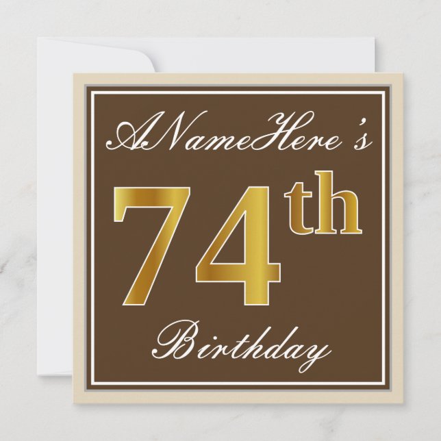 Invitación Elegante, marrón, oro falso 74 cumpleaños + nombre (Anverso)