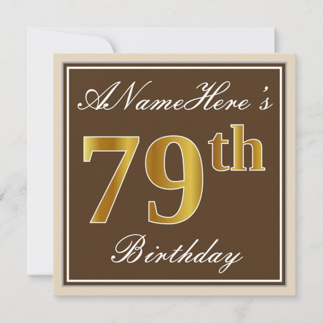 Invitación Elegante, marrón, oro falso 79 cumpleaños + nombre (Anverso)