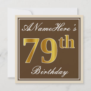 Invitación Elegante, marrón, oro falso 79 cumpleaños + nombre