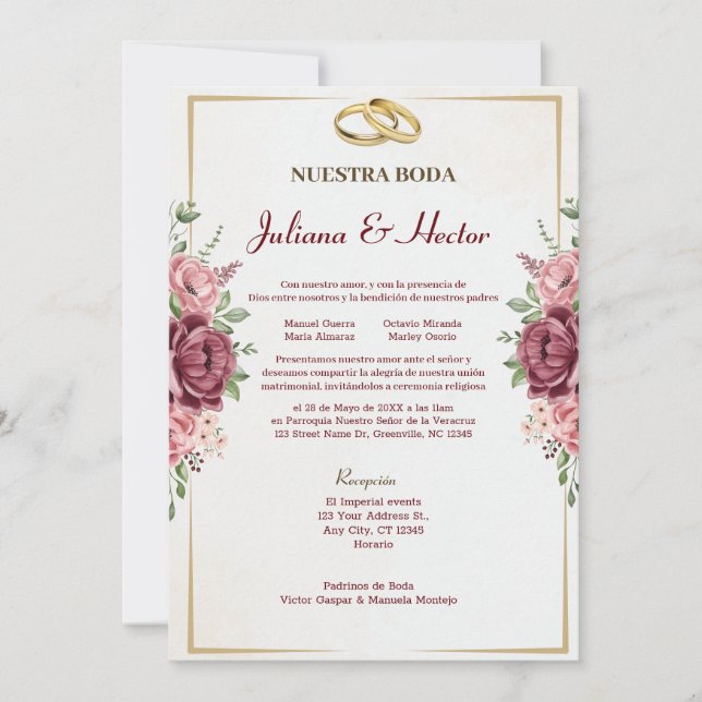 Invitación Elegante marrón y Boda floral de oro (Anverso)