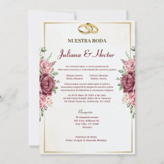 Invitación Elegante marrón y Boda floral de oro