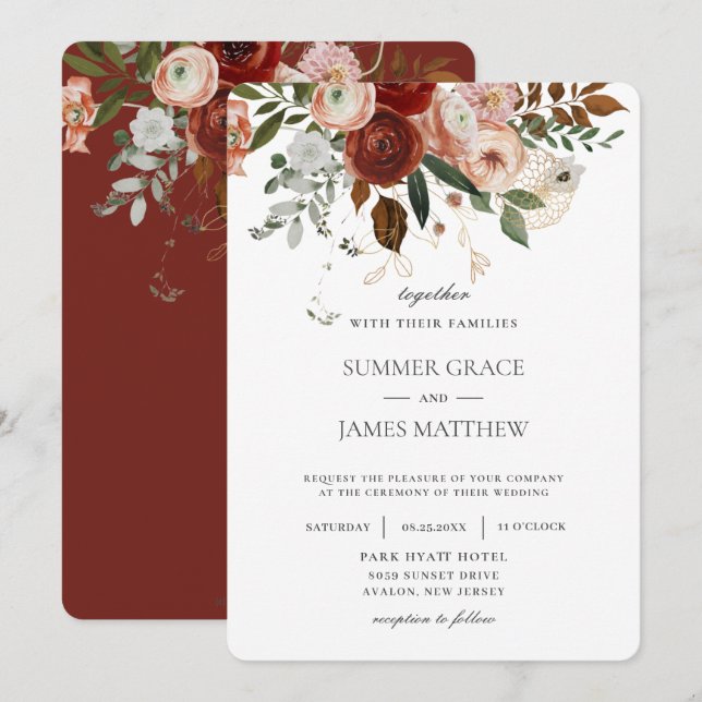 Invitación Elegante Marsala Borgoña Rubor Boda de Marfil (Anverso / Reverso)