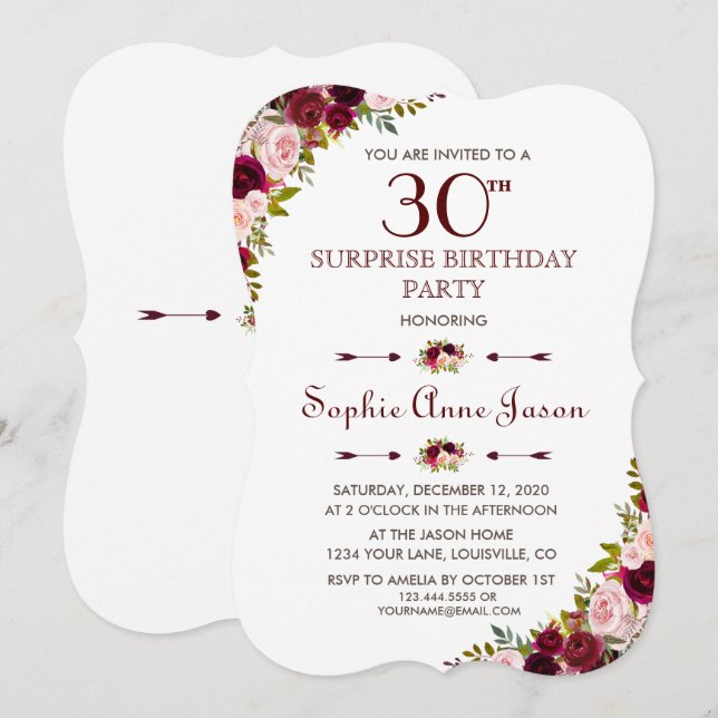 Invitación Elegante Marsala Floral Borgoña otoño 30 cumpleaño (Anverso / Reverso)